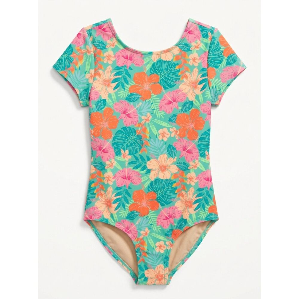 Art Class Girls Tropical Floral Short Sleeve One Piece Swimsuit Size S 6/7